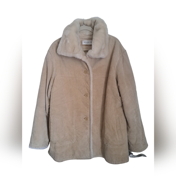 VTG JONES NEW YORK leather suede sherpa lined heavy winter coat tan beige L-XL - Picture 5 of 11